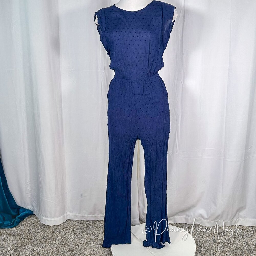 Style Rack Ruffle Sleeve Wide Leg Jumpsuit Blue - Picture 2 of 10